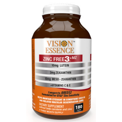 A bottle of Vision Essence zinc free 3 mz