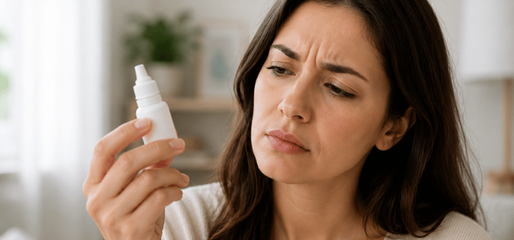 Woman holding a nasal spray bottle and examining it with a concerned expression indoors