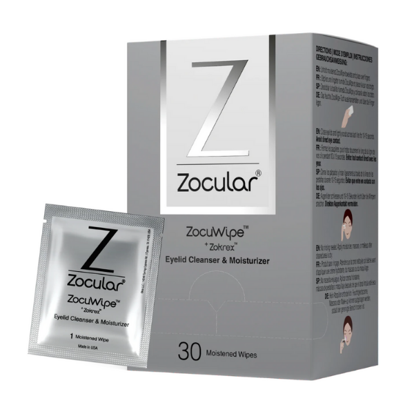 A box of ZocuWipe eyelid cleanser and moisturizer