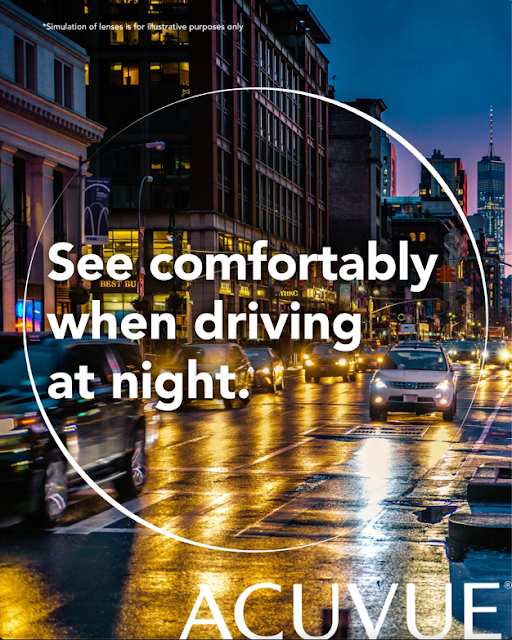 Car driving on wet city street at night, with text: “See comfortably when driving at night.”