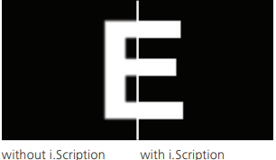A black background with a white letter e on it showing how i.scription look.