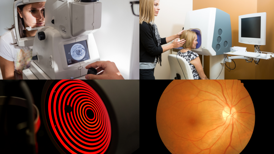 A woman is getting her eyes examined by an ophthalmologist