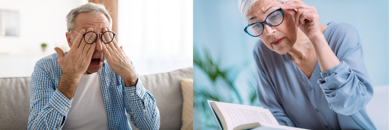 A man and a woman wearing glasses are sitting on a couch.