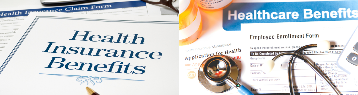 A picture of health insurance benefits and a picture of a stethoscope.