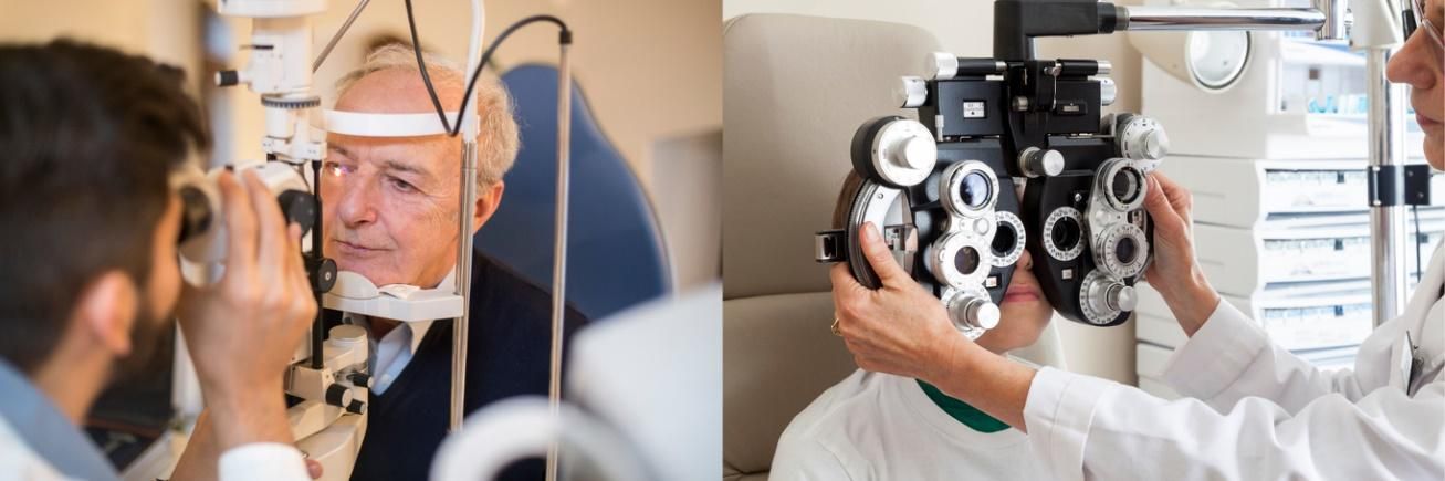 A man is getting his eyes examined by an ophthalmologist.