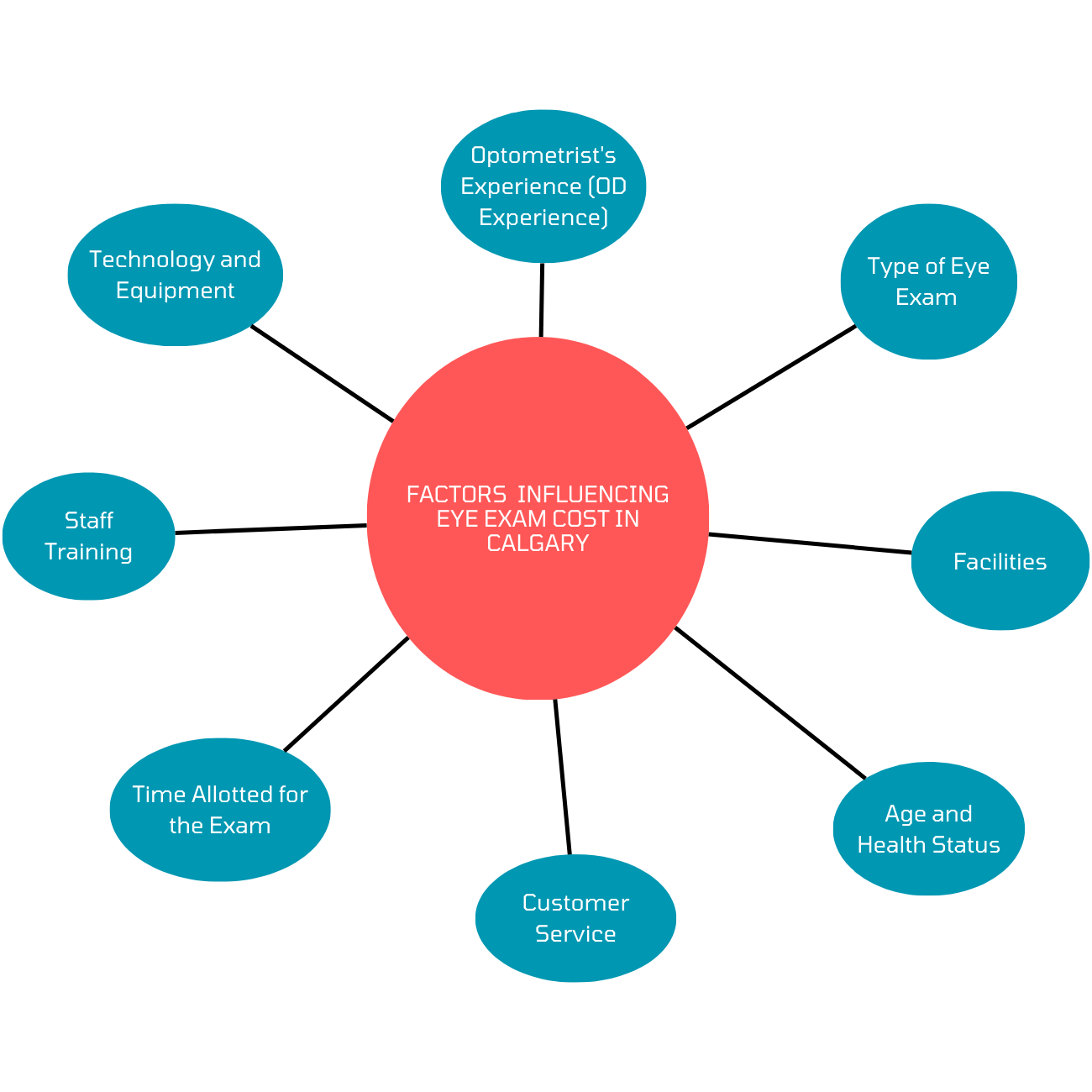 A diagram of factors influencing eye exam cost in ophthalmology