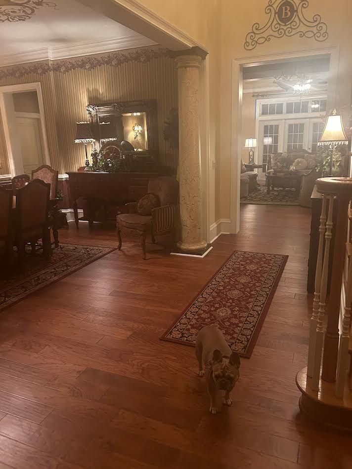 Elegant dining room with warm lighting, red rug, and a small dog walking down the hallway