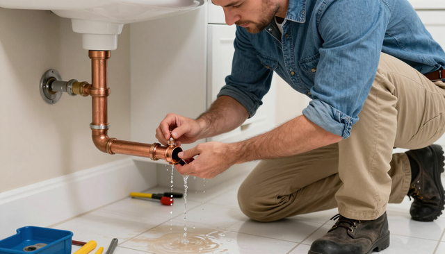 Plumber tightening a copper pipe under a sink with water leaking onto the floor