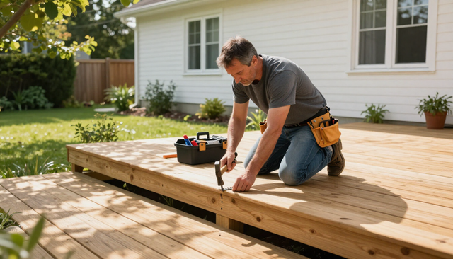 Person kneeling on a wooden deck frame, using tools to build a backyard deck beside a house.