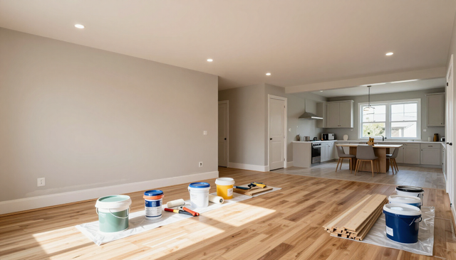 Freshly painted open-plan living room and kitchen with paint cans, tools, and unfinished hardwood floors