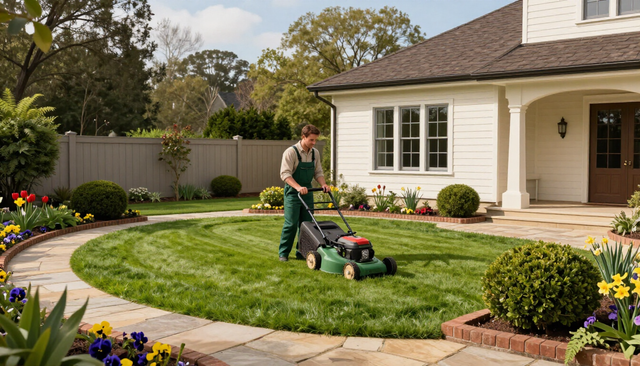 Person mowing a neatly landscaped suburban lawn beside a house and flower beds