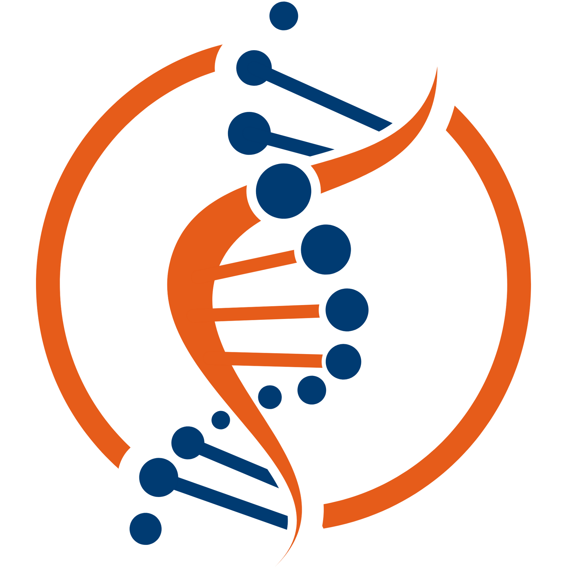 A stylized orange circular frame surrounding a blue and orange DNA double helix structure.