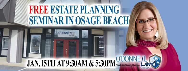 A woman is smiling in front of a building that says free estate planning seminar in eldon thursday july 31st