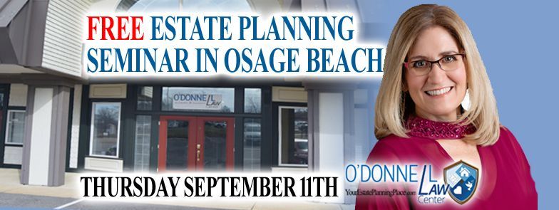 A woman is smiling in front of a building that says free estate planning seminar in eldon thursday july 31st