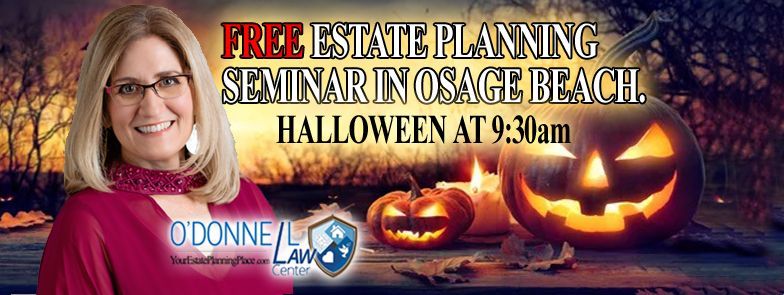 A woman is smiling in front of a building that says free estate planning seminar in eldon thursday july 31st