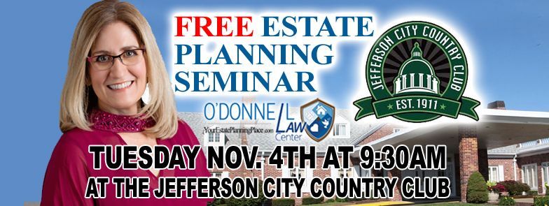 A woman is smiling in front of a building that says free estate planning seminar in eldon thursday july 31st