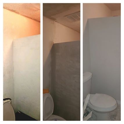 A collage of three pictures of a bathroom before and after being painted.