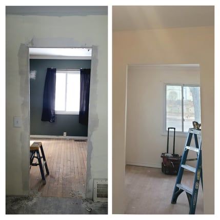 A before and after picture of a room with a window and a ladder.