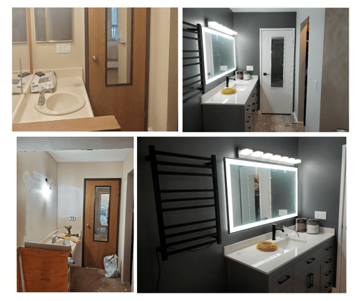 A bathroom with two sinks and a towel rack