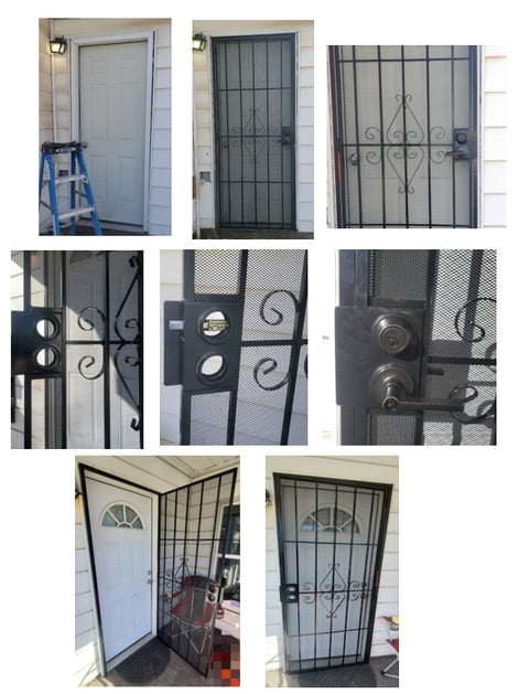A collage of pictures of a door with a wrought iron gate