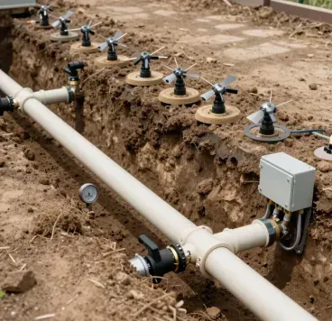 Irrigation drip system with pipes, sprinkler heads, and control box installed in a dirt trench