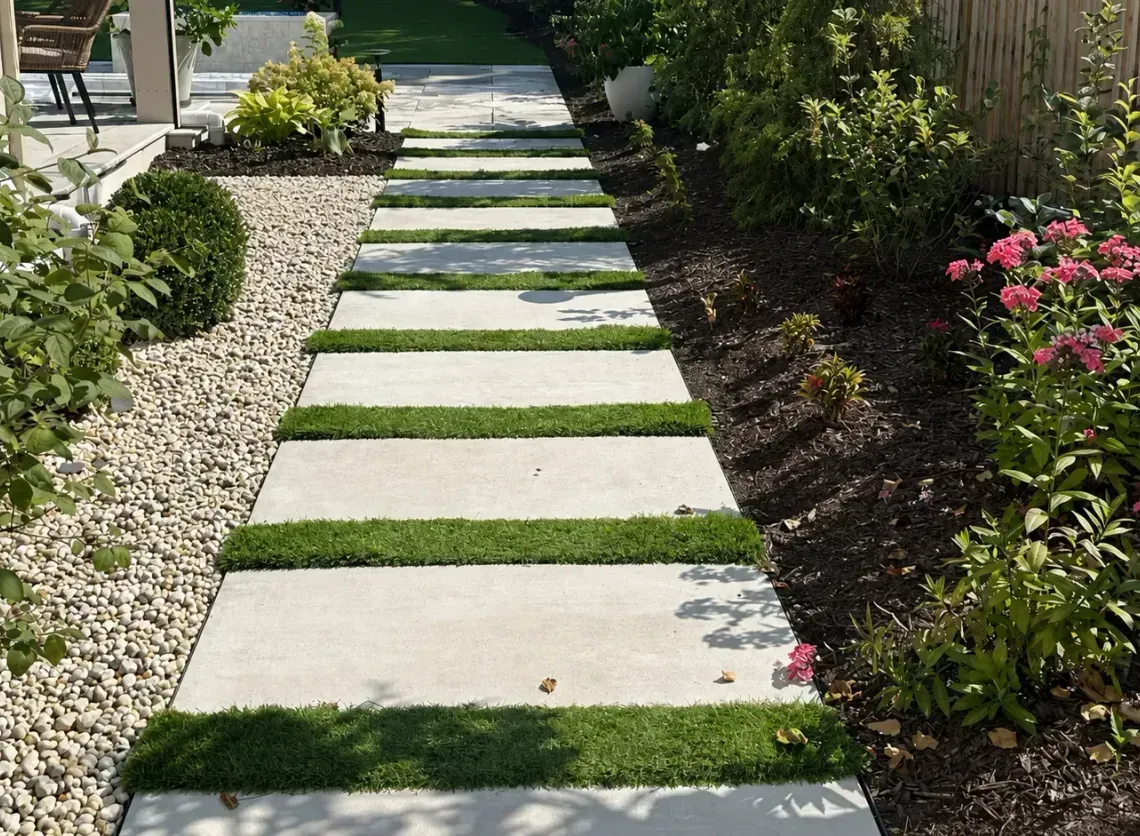 Stepping stone garden path bordered by gravel, shrubs, and pink flowers in bright sunlight