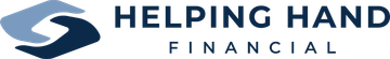 Logo for Helping Hand Financial featuring interlocking blue hands and text.