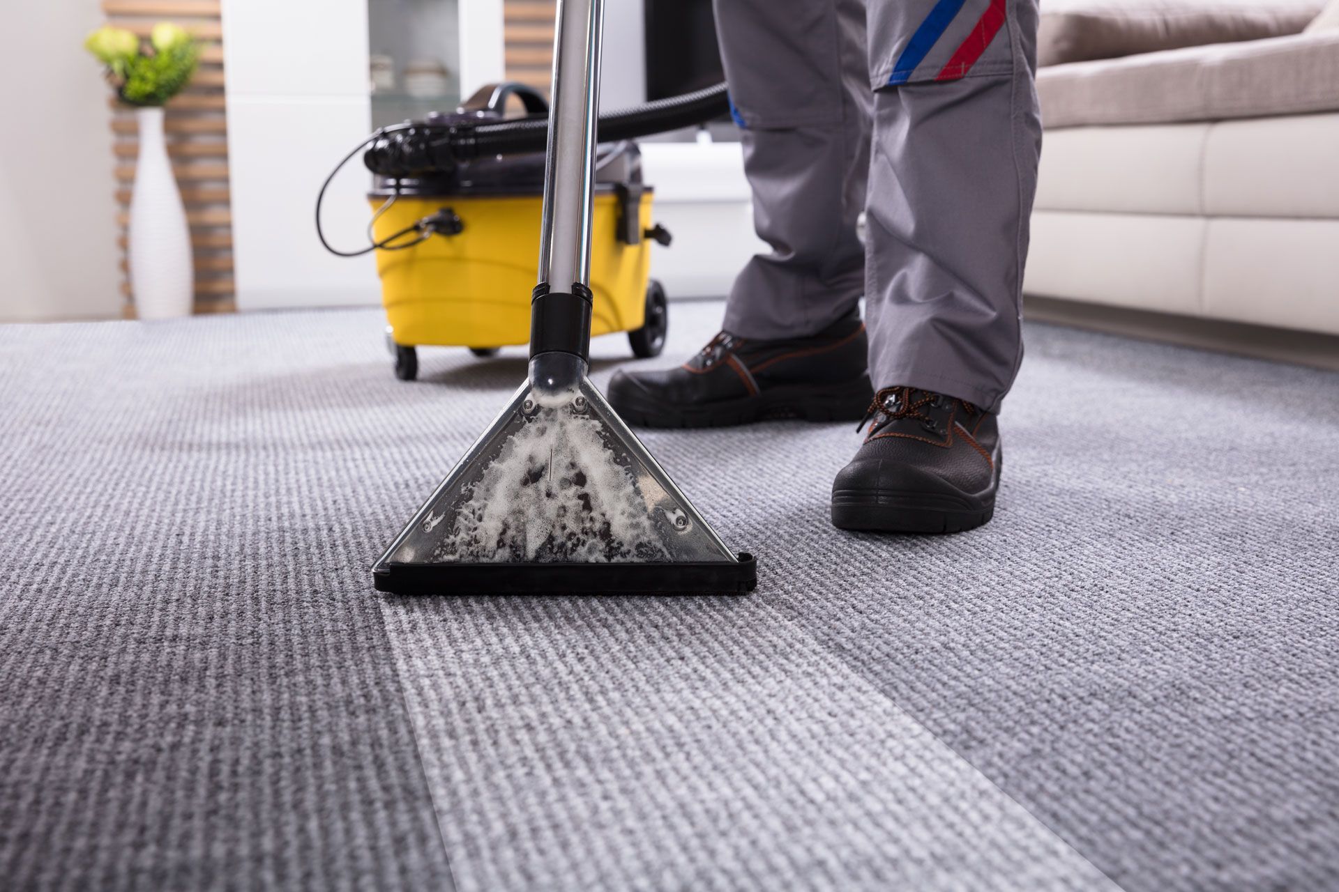 Carpet cleaner vacuuming a gray rug in a living room, with a yellow cleaning machine in the background
