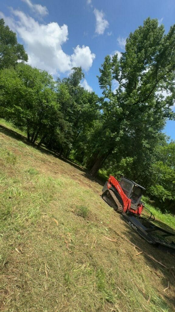 A small orange excavator on a grassy hillside, trees in the background, blue sky.