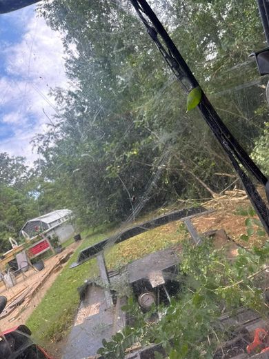 View from a vehicle window of yard work in progress. A house and trees are visible outside.