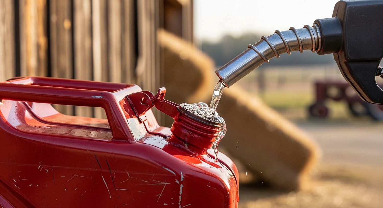 Close-up shot of a fuel nozzle pouring gasoline into a red plastic jerry can on a rural or farm.