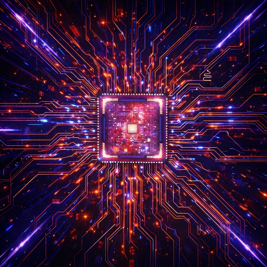 Een oplichtend computerprocessorcentrum met ingewikkelde oranje en blauwe circuitlijnen die tegen een donkere achtergrond