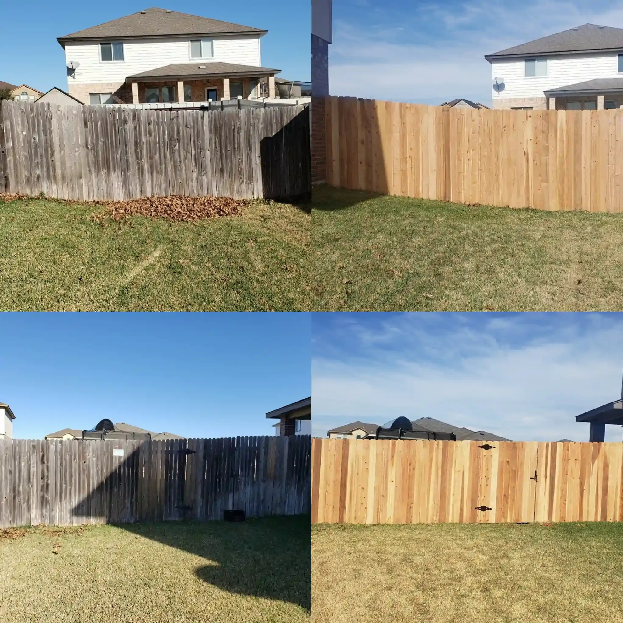 Four-panel comparison: worn wooden fence and grass, contrasted with the same after cleaning, revealing brighter wood and fresh grass.