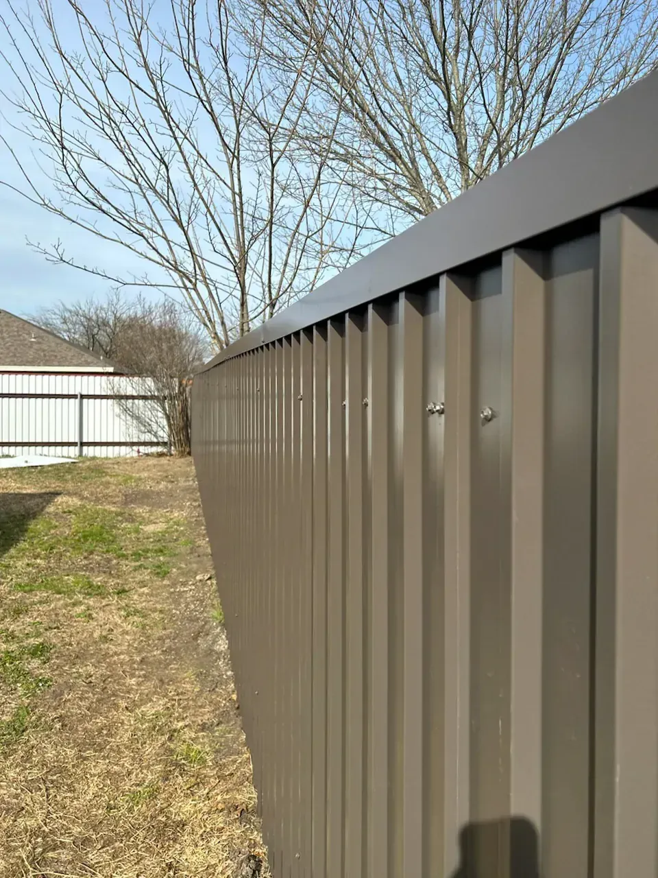 Brown corrugated metal fence along a backyard, with bare trees in the background.