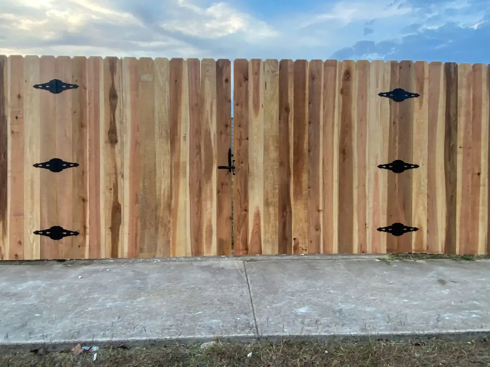 Wooden fence with two doors and black decorative hinges and latch.