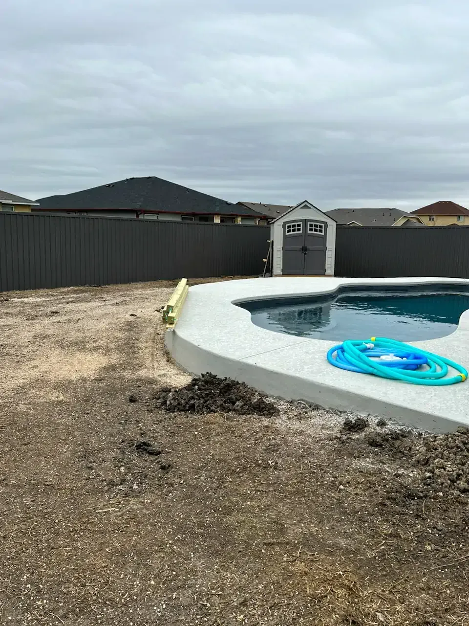 Backyard pool with a shed, dark fence, and overcast sky.