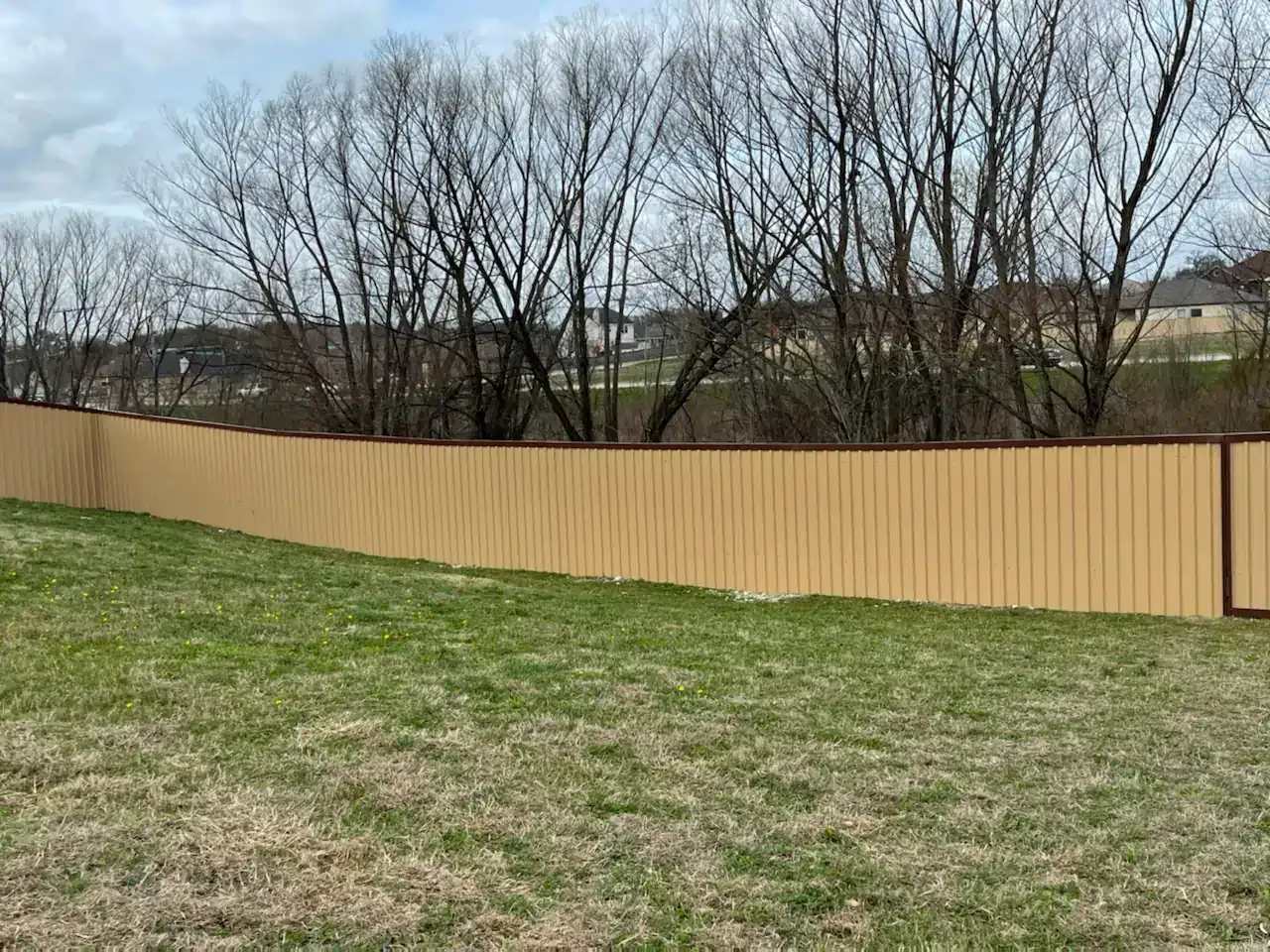 Tan vertical-paneled fence with brown trim and gate in a grassy yard, bare trees in the background.