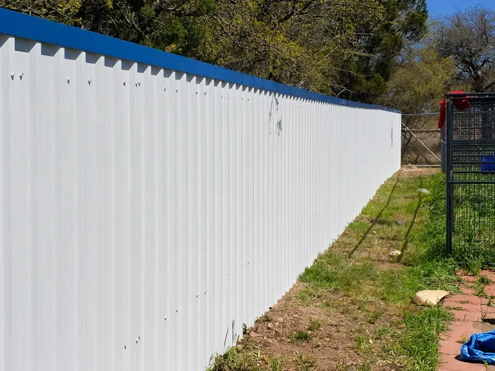 White corrugated metal fence with blue trim, along a grassy yard.