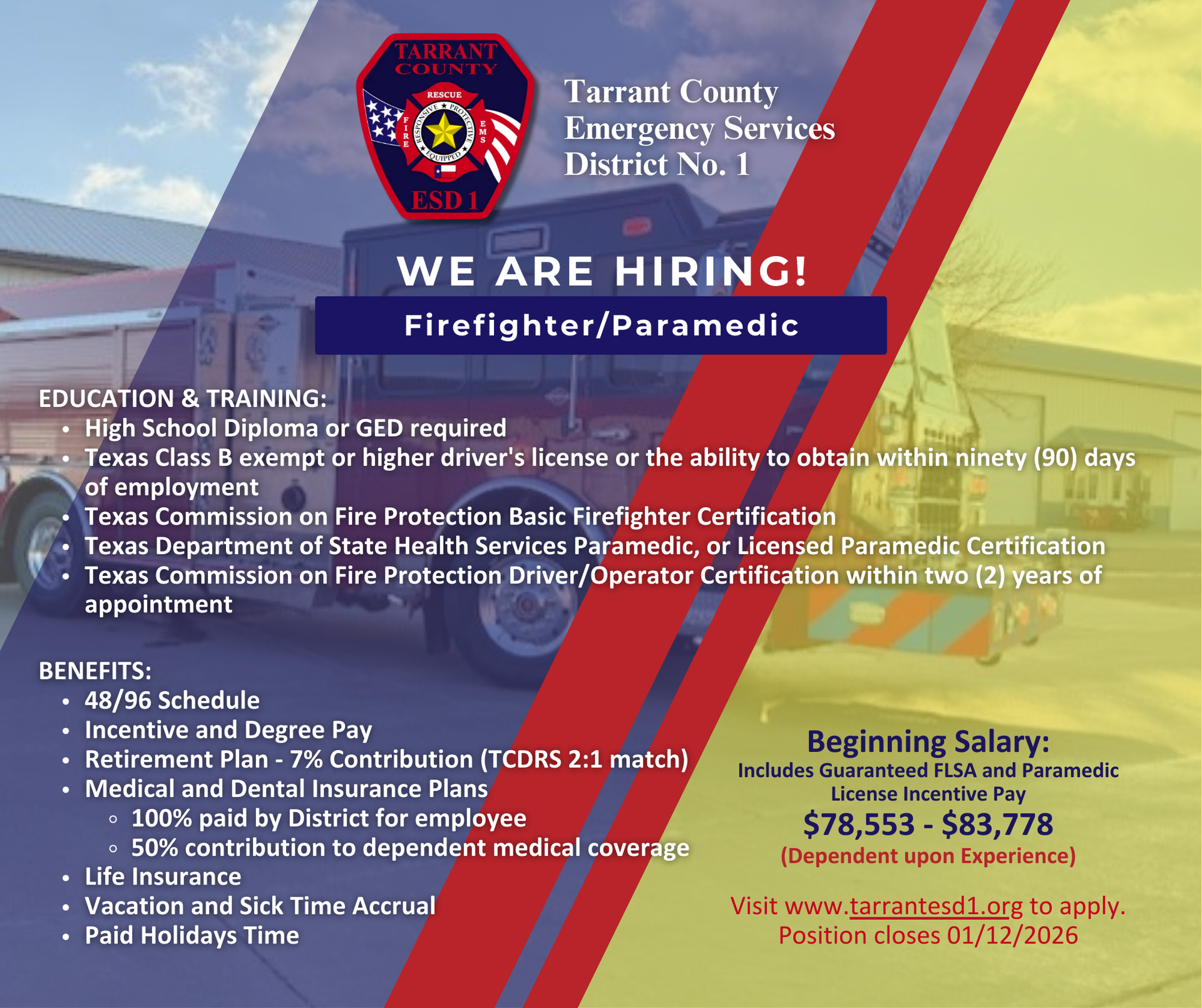 Job posting for Firefighter/Paramedic in Tarrant County. Includes requirements, benefits, and salary.