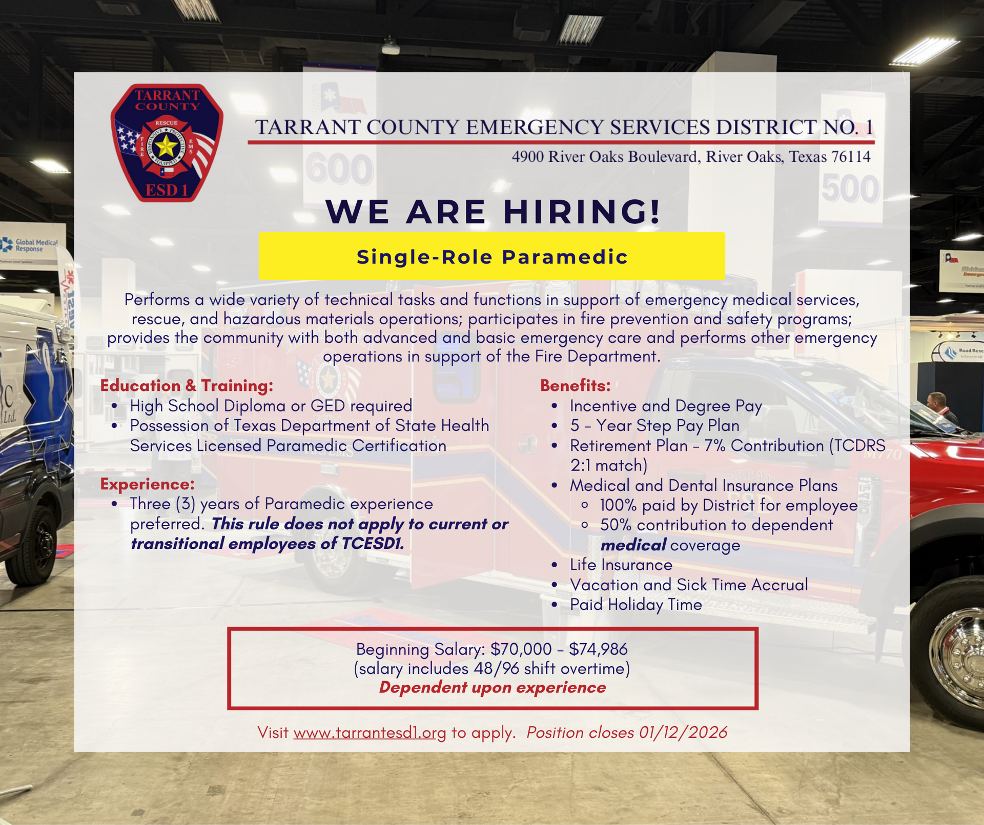 Job posting for a single-role paramedic at Tarrant County Emergency Services in District No. 1.