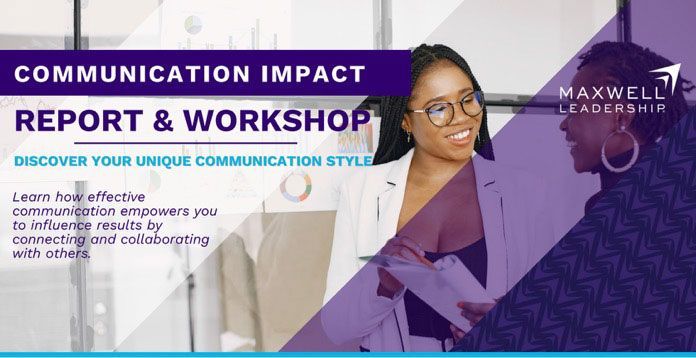 Communication Impact Report & Workshop flyer with smiling woman, purple geometric design, and Maxwell Leadership branding