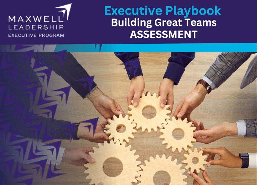Hands placing wooden gears together under title “Executive Playbook: Building Great Teams Assessment”