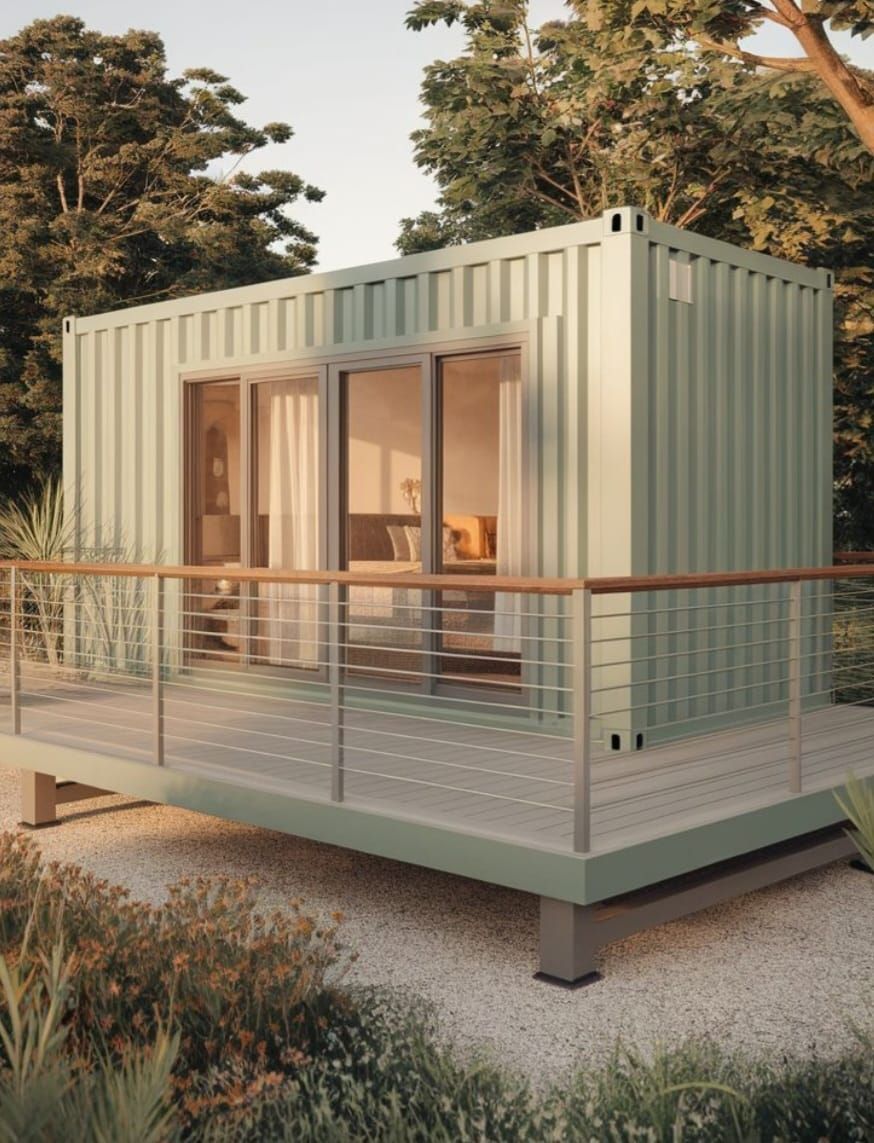 Casa contenedor verde con terraza, rodeada de árboles y plantas. Puertas corredizas de vidrio, colores neutros.