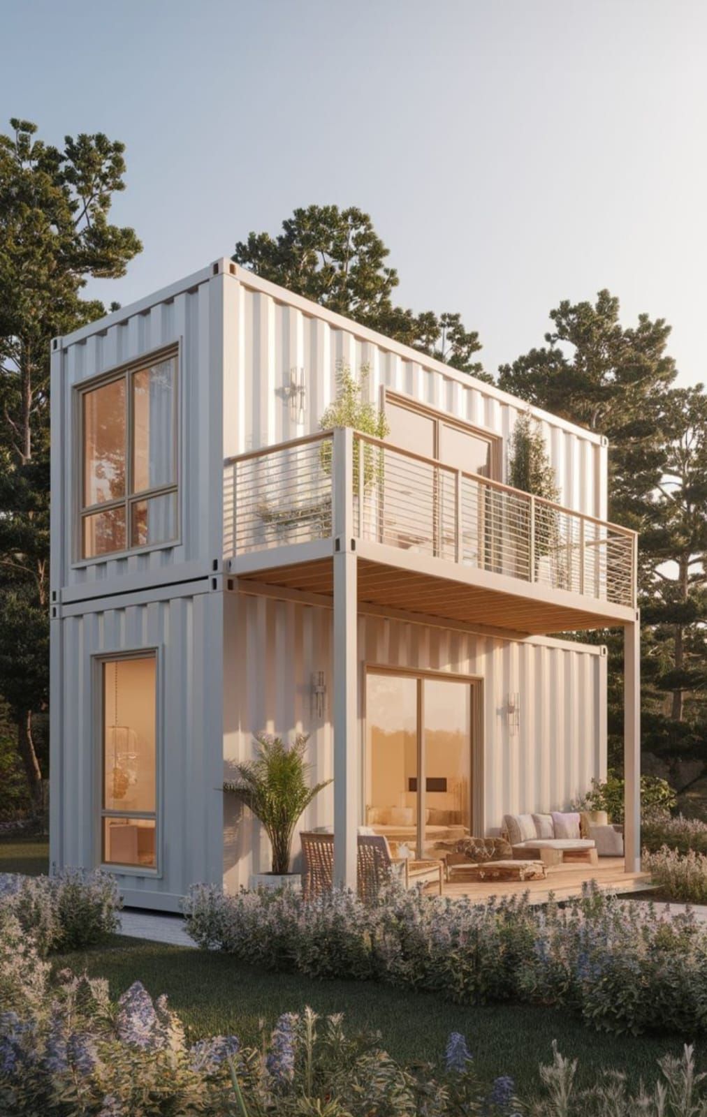 Casa contenedor de envío de dos pisos de color blanco con balcón en un entorno soleado y boscoso.