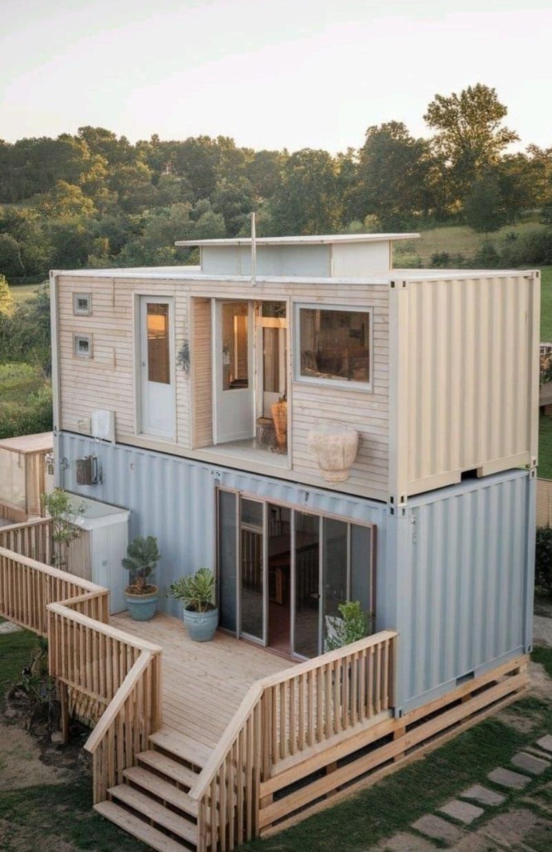 Casa contenedor de envío de dos pisos con terraza y detalles de madera ubicada en un campo.