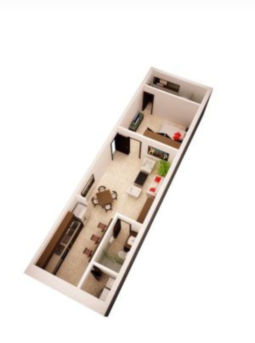 Plano de planta: Apartamento largo y estrecho. Sala, comedor, cocina, dormitorio y baño a la vista. Colores neutros.