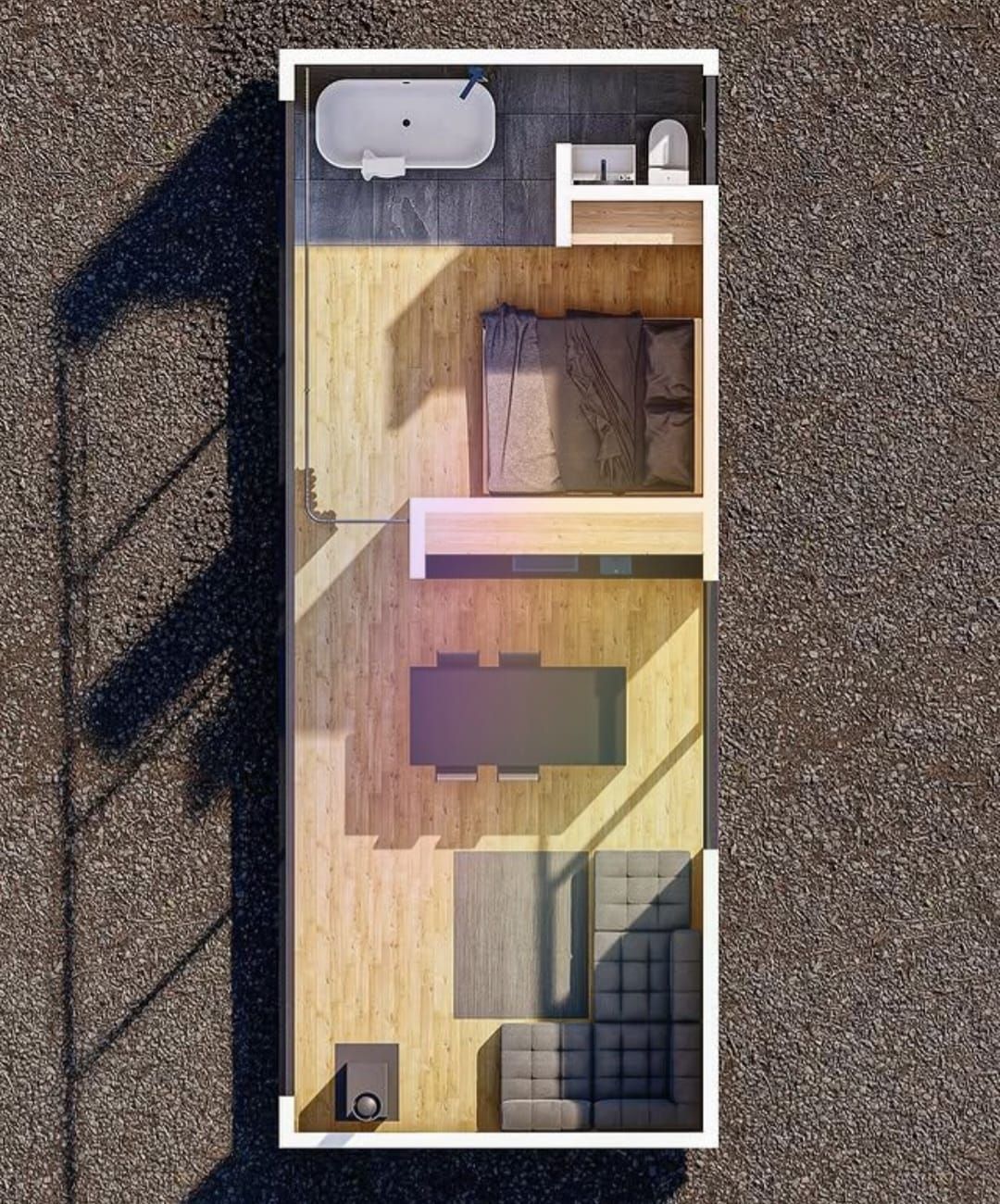Plano de planta de un apartamento estrecho y rectangular con baño, dormitorio, comedor y sala de estar.