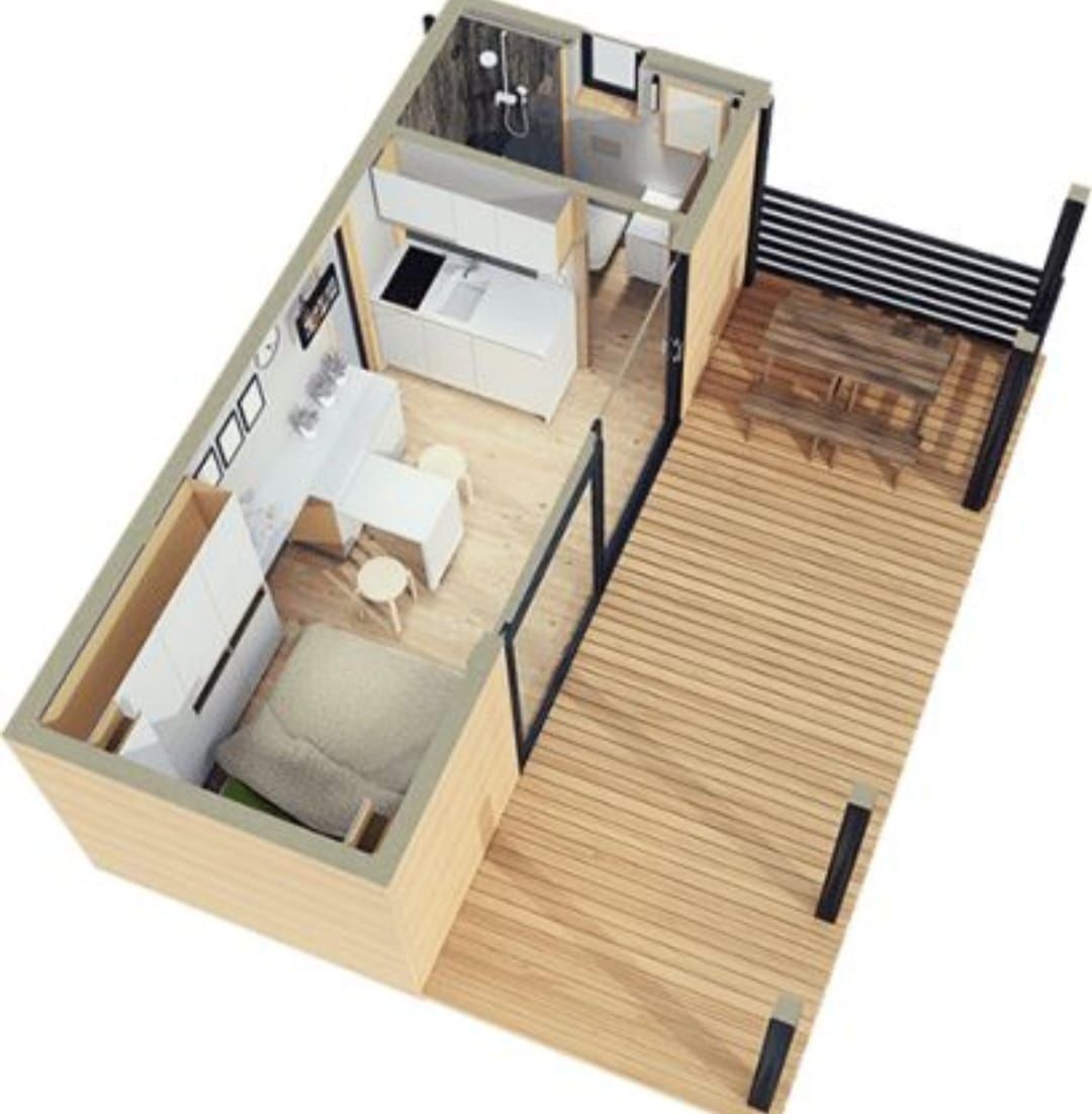 Vista isométrica de una pequeña cabaña con terraza. El interior cuenta con cocina, sala de estar y baño.
