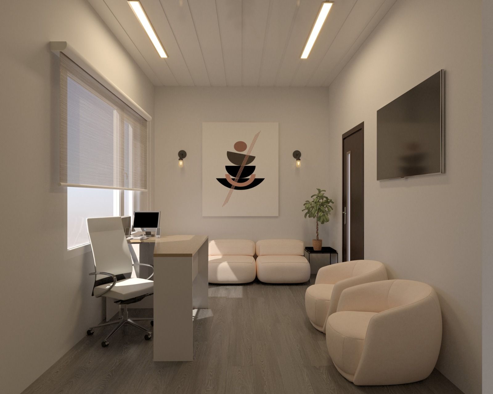 Moderna sala de espera de oficina con paredes blancas, muebles neutros, arte y una ventana.