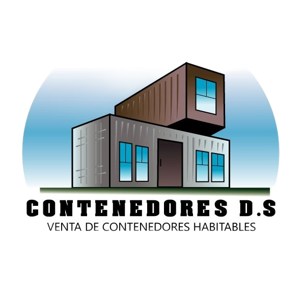 Logotipo para Contenedores DS, venta de contenedores habitables, que representa una moderna casa contenedor con cielo azul.